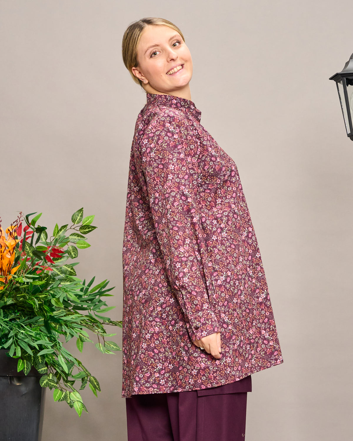 Long-Sleeve Patterned Grandad Collar Shirt