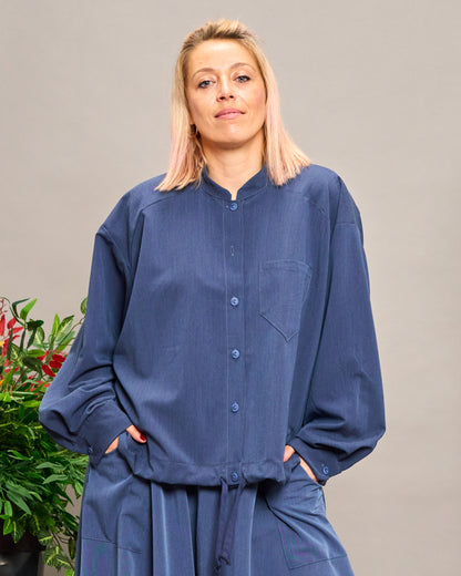 Collarless Shirt with Drawstring