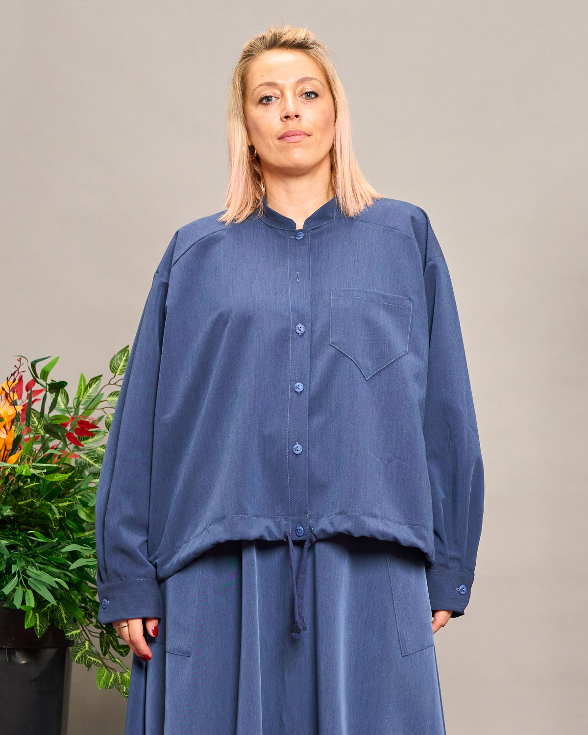 Collarless Shirt with Drawstring