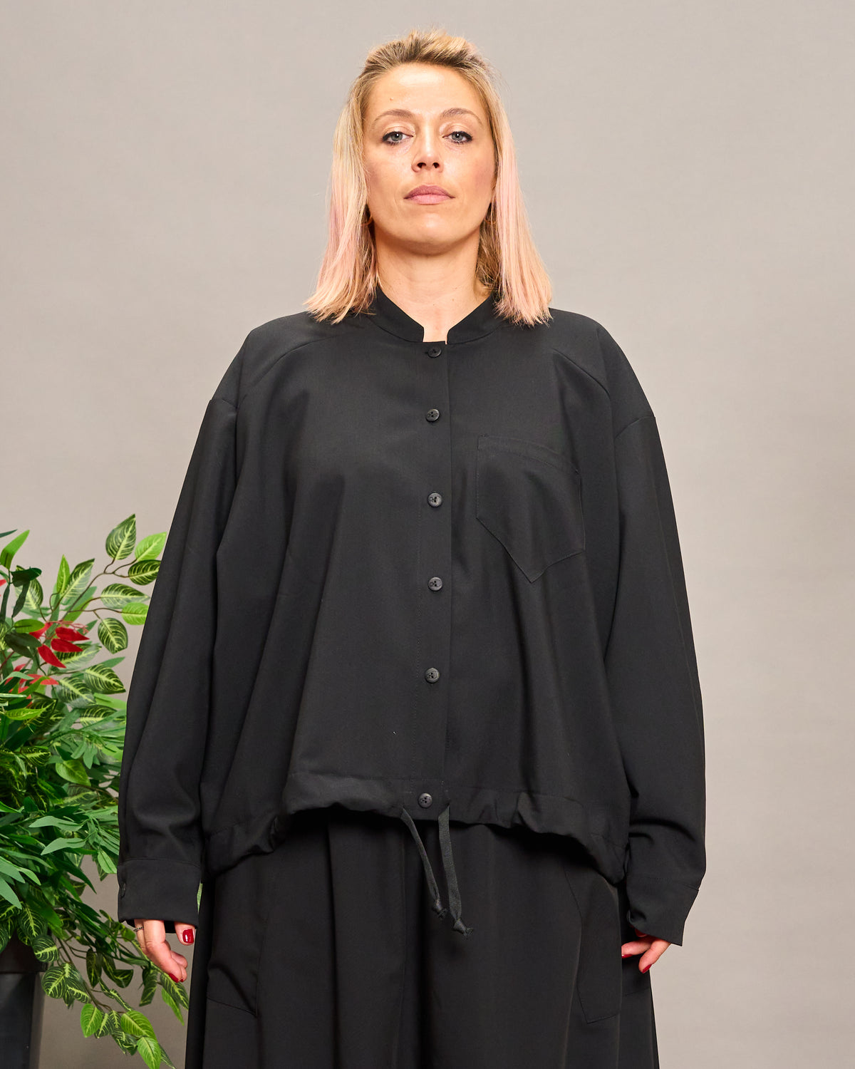 Collarless Shirt with Drawstring