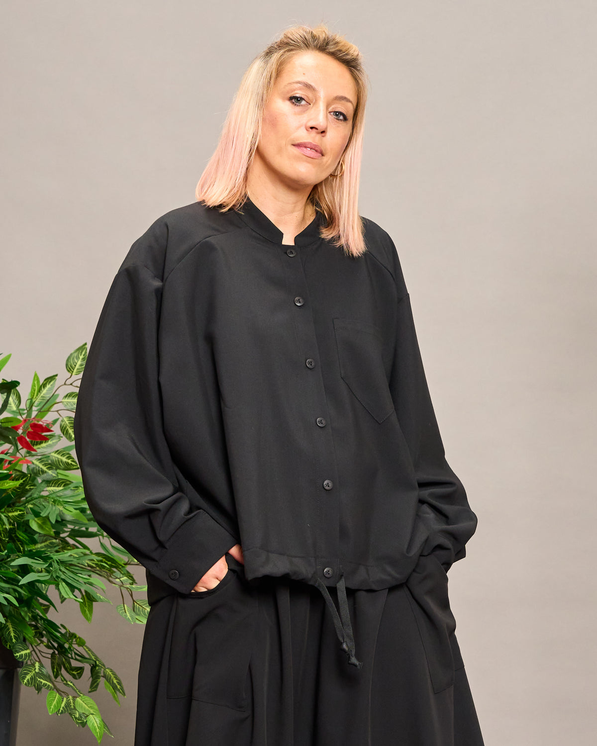 Collarless Shirt with Drawstring