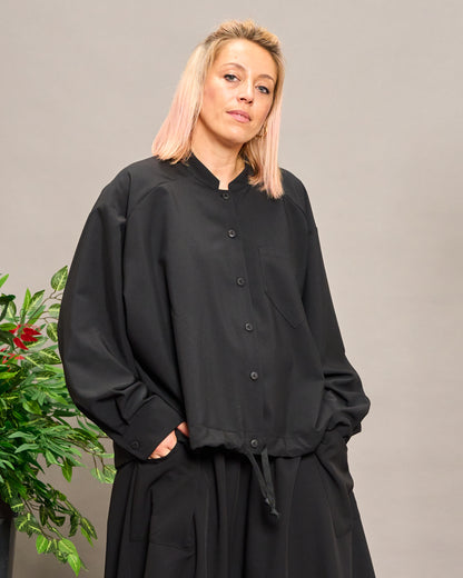 Collarless Shirt with Drawstring