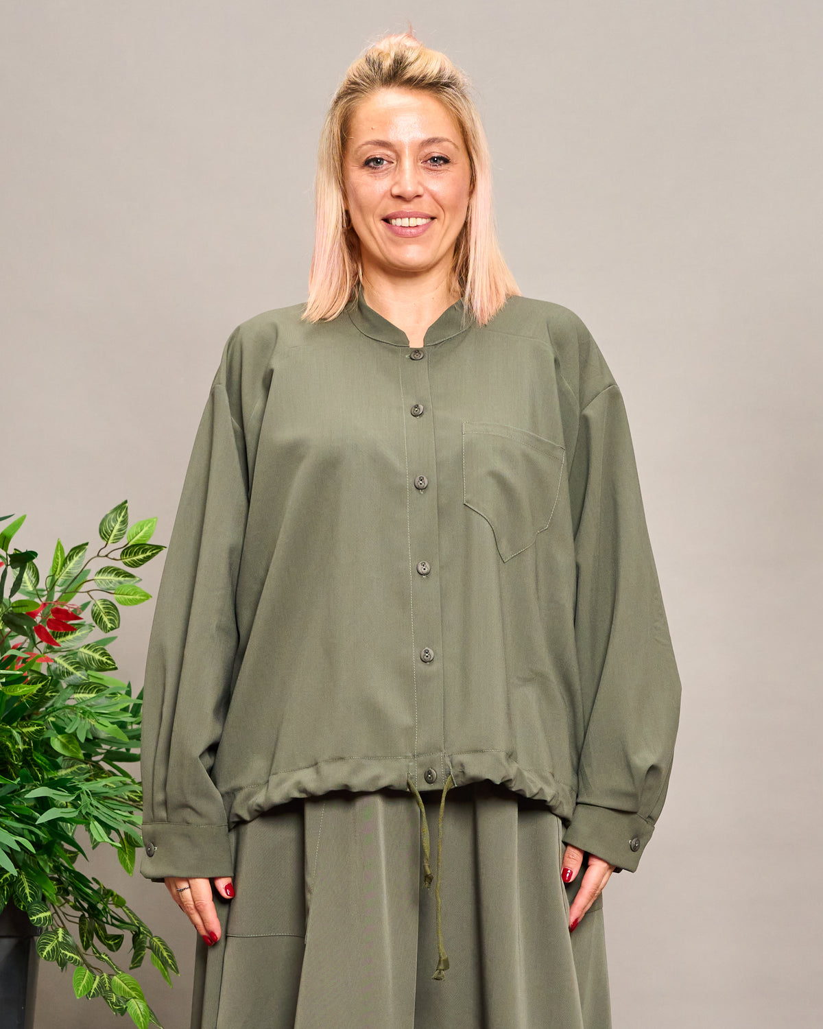 Collarless Shirt with Drawstring