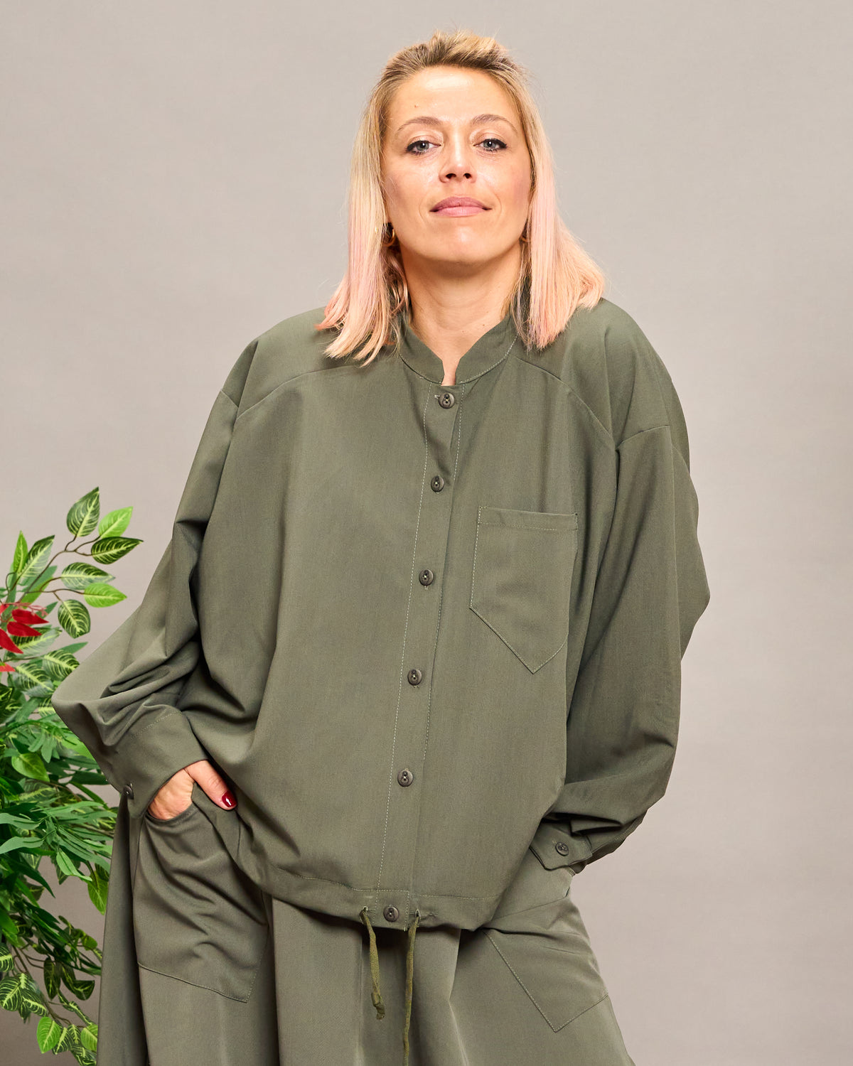 Collarless Shirt with Drawstring