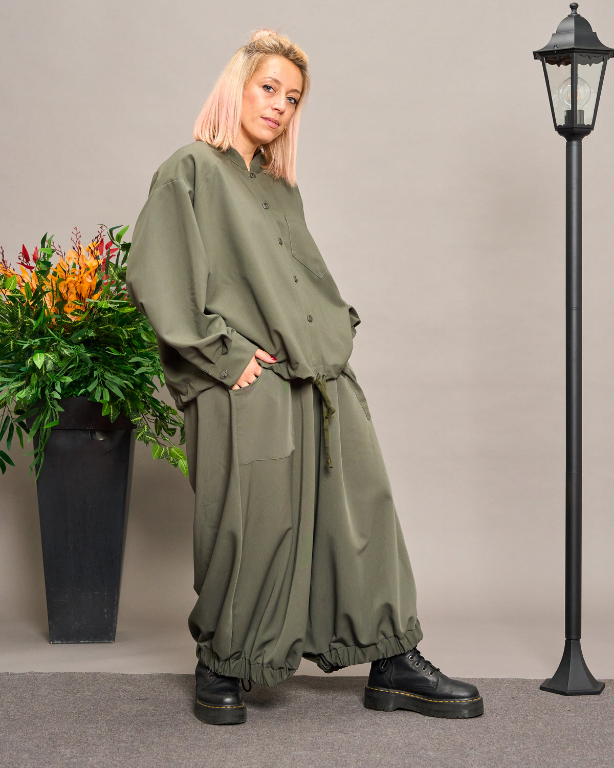 Collarless Shirt with Drawstring