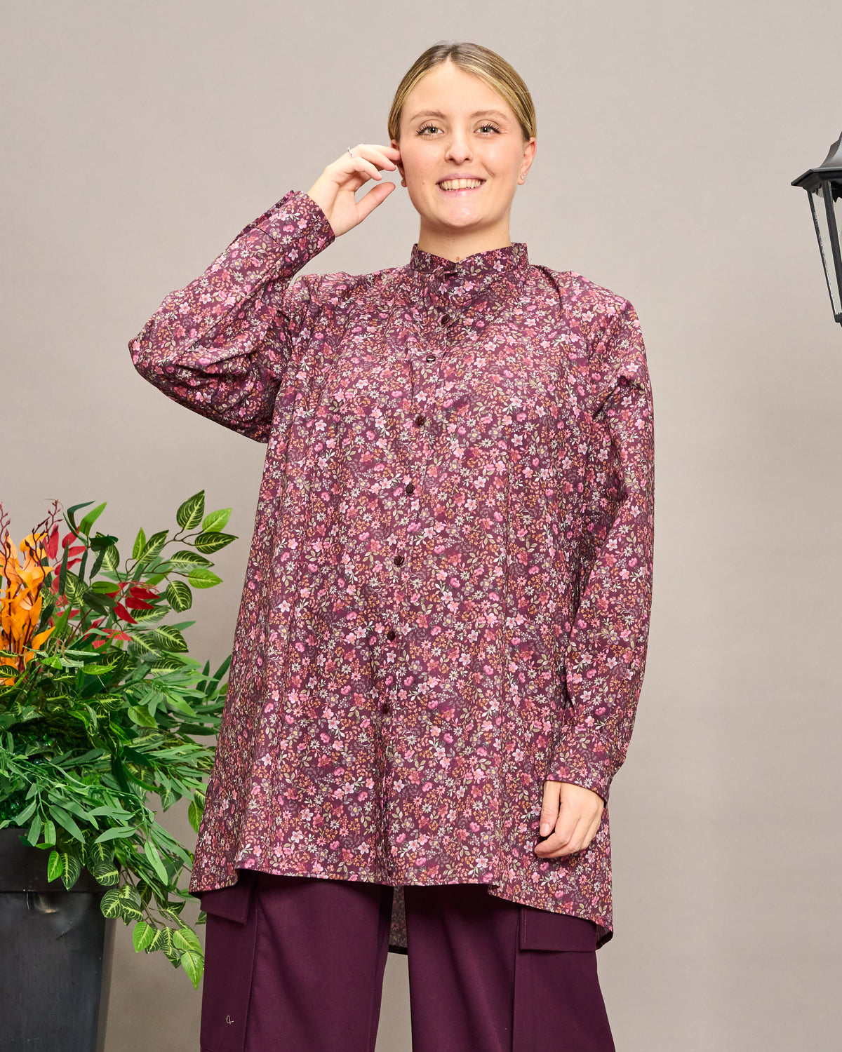 Long-Sleeve Patterned Grandad Collar Shirt
