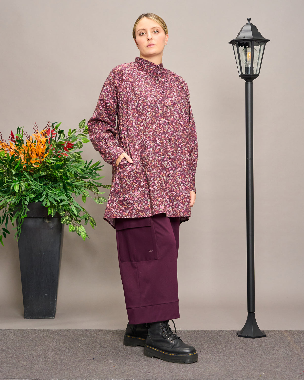 Long-Sleeve Patterned Grandad Collar Shirt