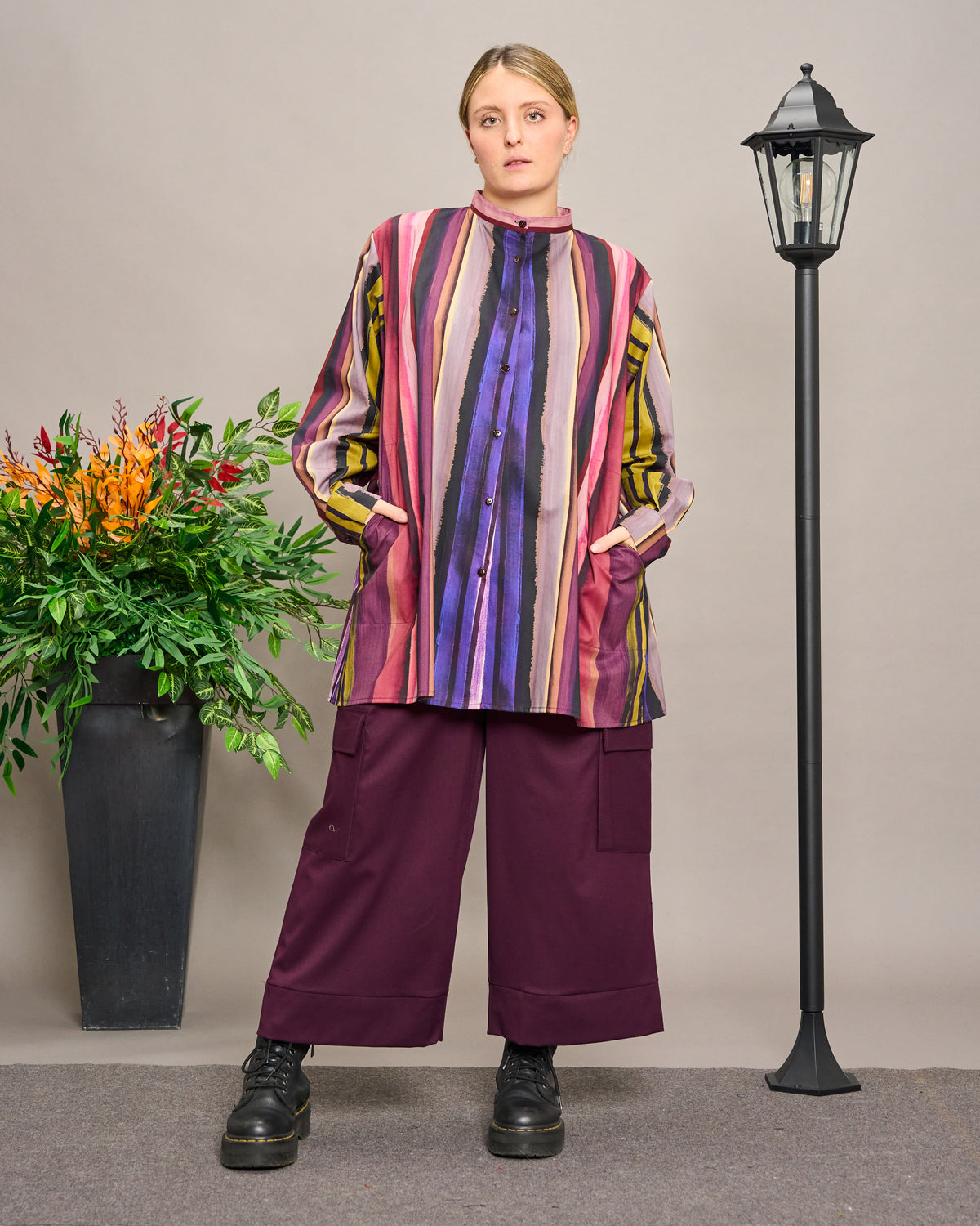 Long-Sleeve Patterned Grandad Collar Shirt