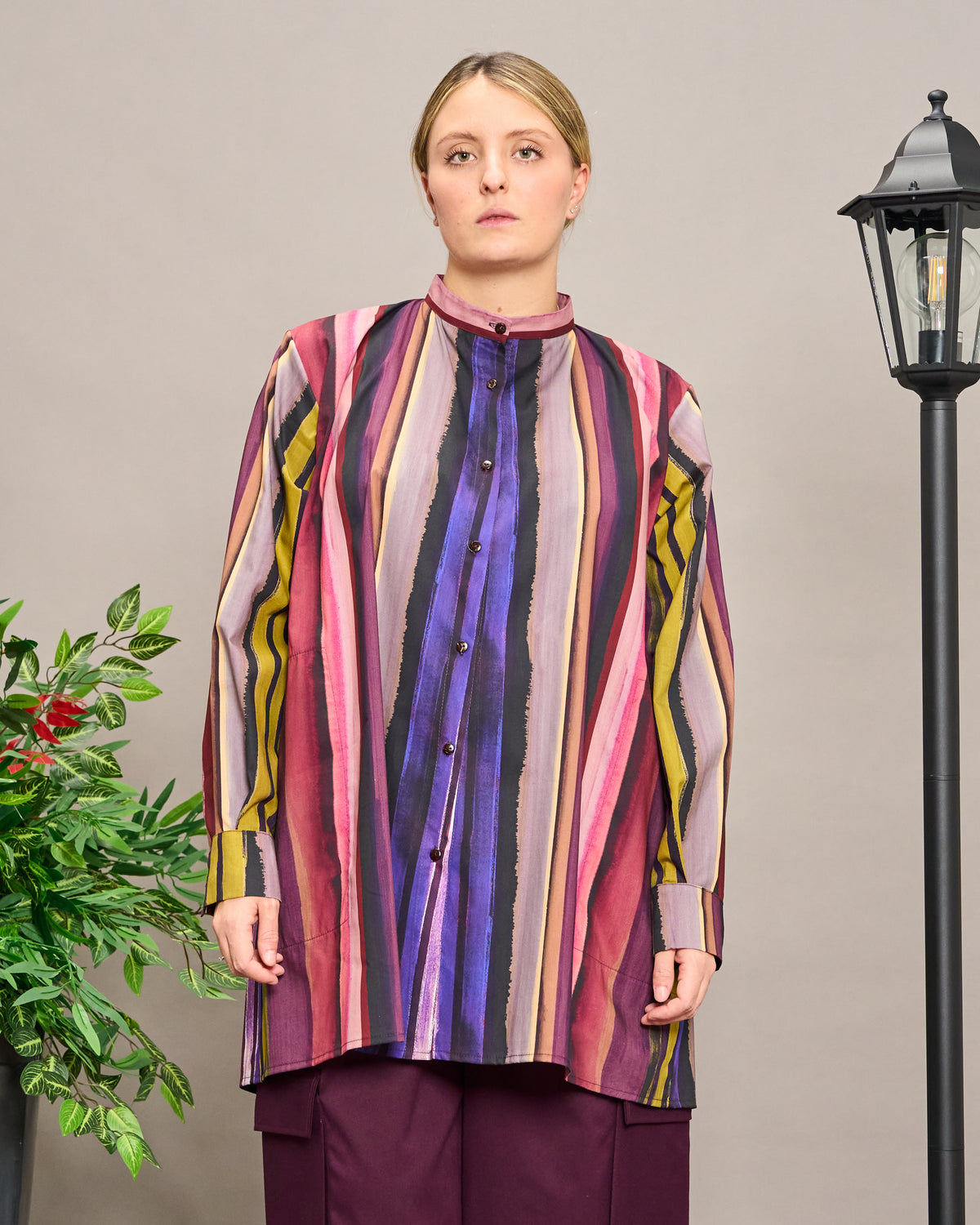 Long-Sleeve Patterned Grandad Collar Shirt