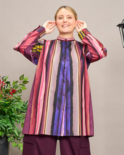 Long-Sleeve Patterned Grandad Collar Shirt