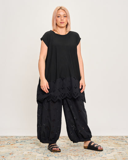 Oversized T-shirt with Dropped Sleeves and Broderie Anglaise Flounce