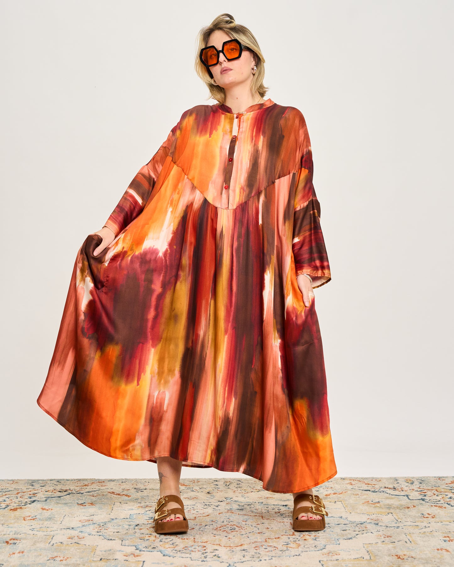 Oversized Flared Dress with Polo Opening