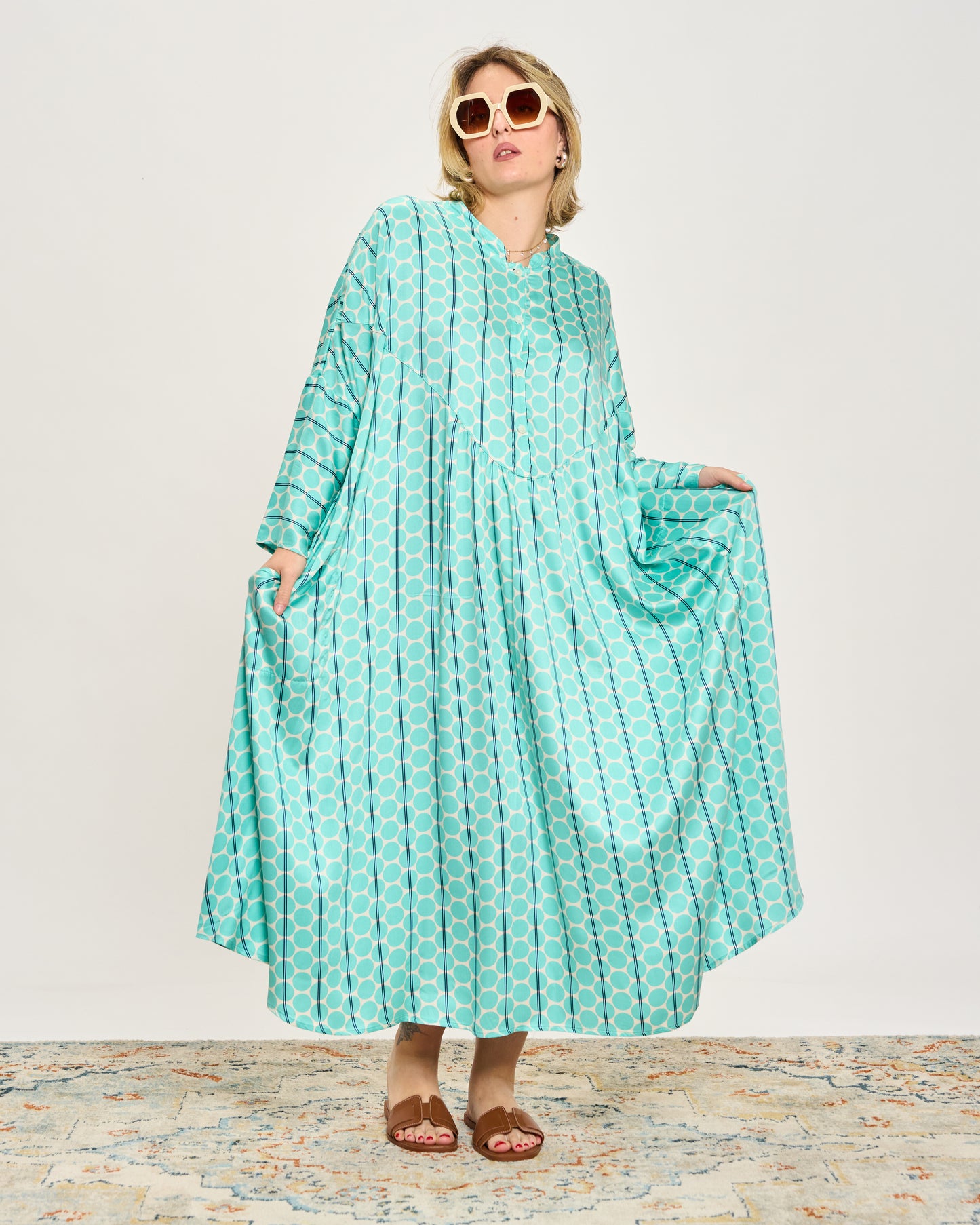 Oversized Flared Dress with Polo Opening